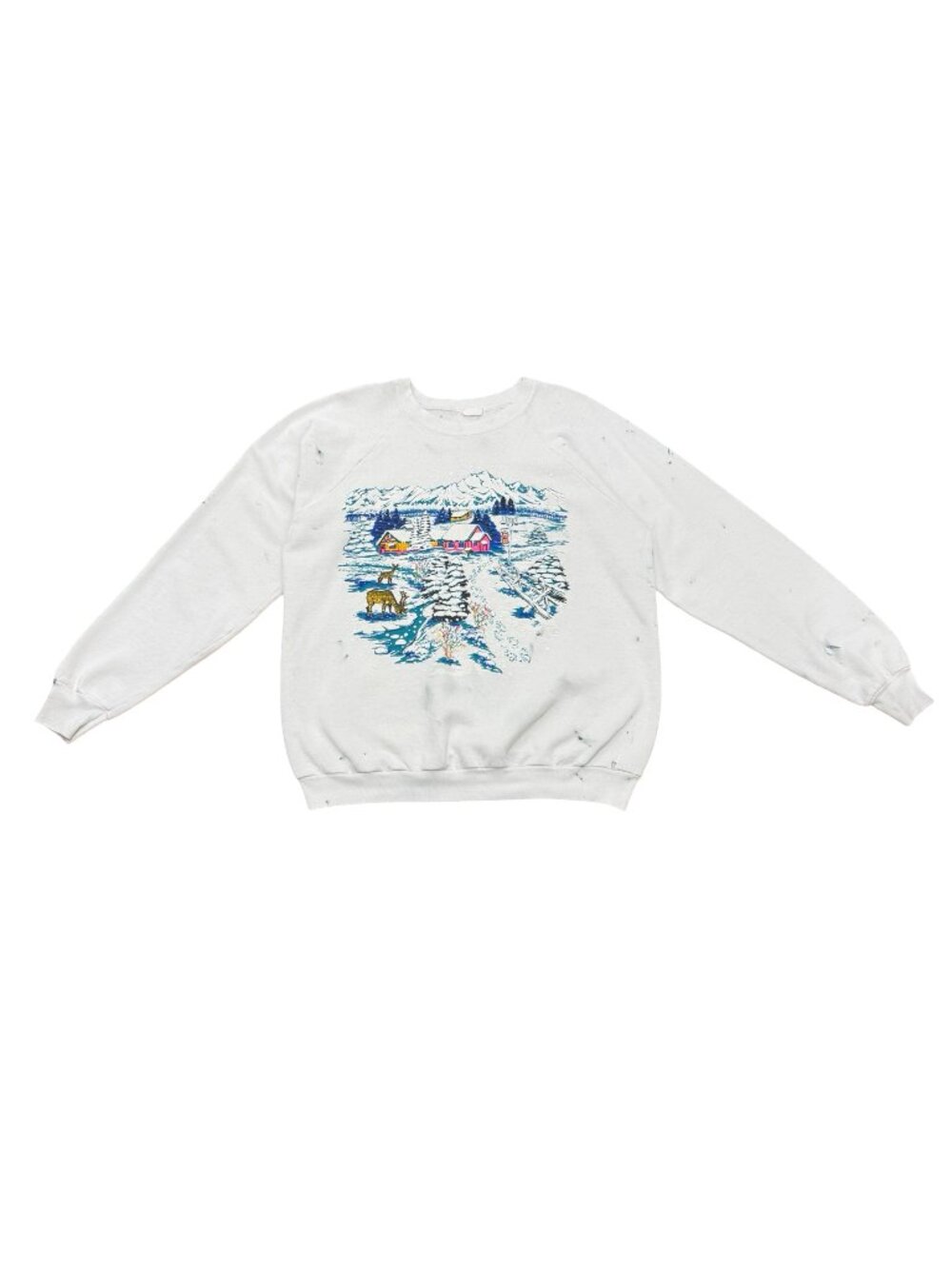 Vintage Winter Cabin Landscape Sweatshirt White Graphic Crewneck